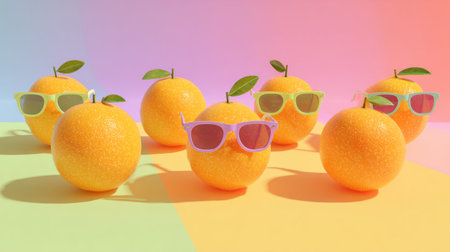 Vibrant citrus oranges wearing funky sunglasses on gradient pastel backgrounds, cheerful minimal playful stock designの素材