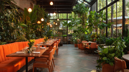 Contemporary greenhouse restaurant with vibrant plants, cozy orange seating, wooden tables set for dining, outdoor patio ambianceの素材