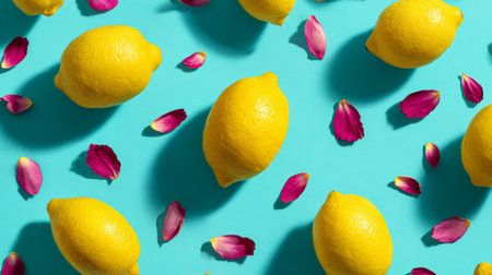 Flat lay of lemons arranged with scattered petals on vivid turquoise background, clean minimal design aesthetic, creative stock photoの素材
