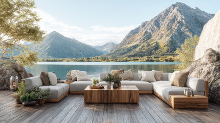 Modern outdoor living room with spacious sofas and chairs on a wooden deck overlooking a serene mountain lake, cozy coffee table, plants, and soft cushionsの素材