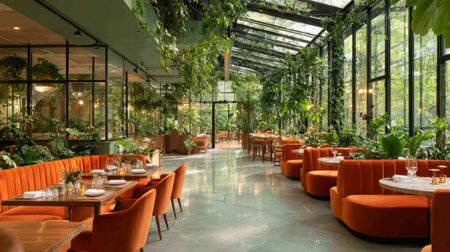 Modern restaurant interior with biophilic design, greenhouse-style glass walls, orange banquettes, wooden dining tables, and lush greenery throughoutの素材