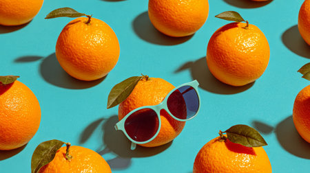 Oranges with trendy sunglasses scattered on bright colorful backdrop, quirky summer theme, minimal playful design for creative stock photosの素材