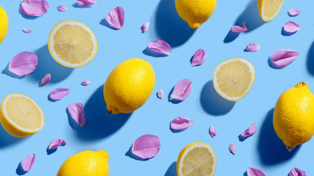 Minimal fruit design pattern featuring lemons and petals on blue pastel background, cheerful flat lay stock photo styleの素材