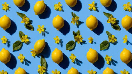 Repetitive fruit pattern made of lemons and yellow flowers over blue backdrop, cheerful summer flat lay, fresh minimal compositionの素材