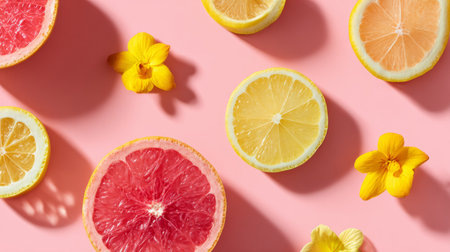 Pastel background flat lay featuring citrus fruit slices and yellow flower details, minimal vibrant summer composition, stock photo styleの素材