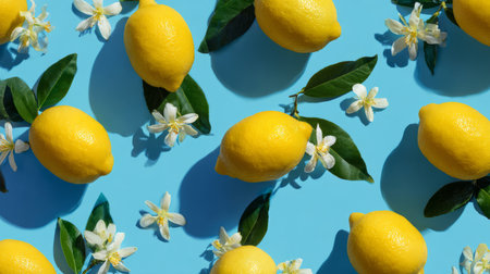 Repetitive fruit pattern made of lemons and yellow flowers over blue backdrop, cheerful summer flat lay, fresh minimal compositionの素材