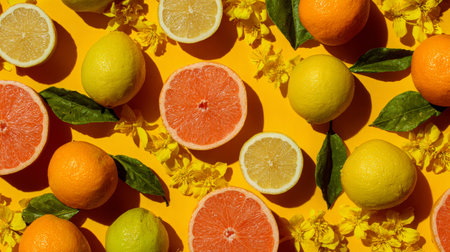Top view citrus mix of lemons, oranges, grapefruits with yellow flowers in grid pattern, refreshing flat lay stock image, creative compositionの素材