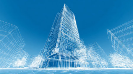 Architectural 3D vector illustration featuring a modern skyscraper wireframe model, clean grid background, CAD-inspired drawing with blue and white color paletteの素材