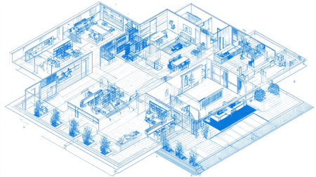 Isometric 3D vector illustration of architectural floor plan with clean blue grid lines, modern technical drawing style, white background, precision details, professional drafting aestheticの素材