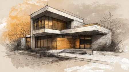 Hand-drawn architectural sketch of modern suburban house, detailed linework, AI-generated texture blending, soft tones, concept design visualizationの素材