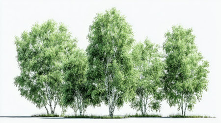Set of lush green birch trees rendered in 3D, clean transparent background, perfect for architectural visualization and digital landscapingの素材