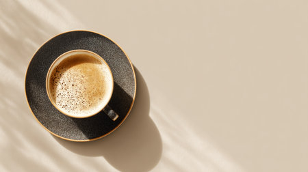 Cozy cafe atmosphere with coffee cup centered on solid cream background, modern minimal design and calm toneの素材