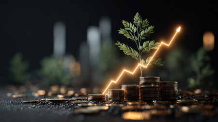 Abstract finance concept, glowing line graph ascending among coins and young green plant symbolizing profit and eco-growthの素材