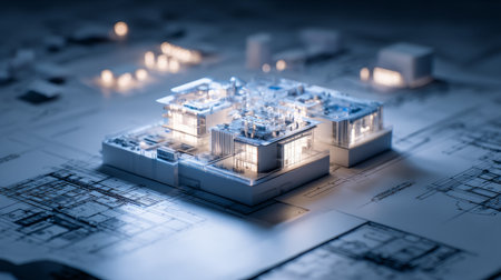 Minimalist 3D architectural model with surrounding blueprints, smooth lighting, clean geometry, showcasing structural innovation and modern engineering styleの素材