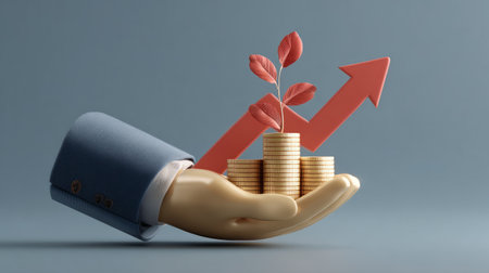 Elegant 3D illustration of a hand in suit clutching coins topped with plant and red upward arrow, finance and investment themeの素材