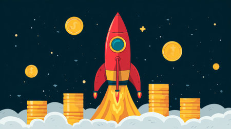 Colorful flat illustration of rocket powered by a golden coin, symbolizing startup success and high-growth financial venturesの素材