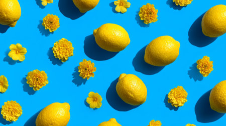 Abstract flat lay design featuring lemons and yellow petals arranged on vivid blue backdrop, minimal summer fruit pattern stock conceptの素材
