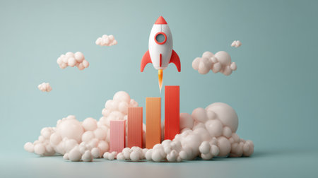 3D illustration of rocket launching upward with growing bar chart beneath, representing startup success and accelerated financial growthの素材