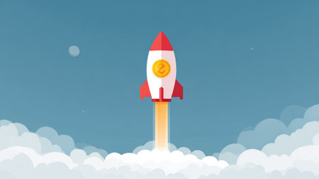 2D flat illustration of gold coin rocket lifting off, creative metaphor for economic rise and business successの素材