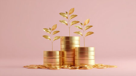3D illustration of gold coins with seedlings growing from the top, soft pink background, symbolizing wealth and financial growthの素材
