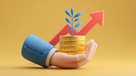 3D financial growth illustration: hand in blue suit holding golden stack with plant sprouting and red arrow ascending upwardの素材