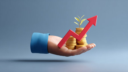 3D render of a businessman hand in a blue sleeve holding gold coins topped with a sprouting plant and red arrow rising upward, concept of profit and growthの素材
