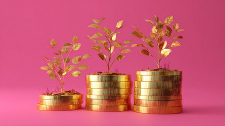3D render of golden coins with small plants growing atop, whimsical style, vibrant pink background, symbolizing investment growthの素材