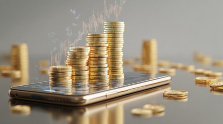 3D illustration of a smartphone screen displaying rising stacks of gold coins, symbolizing mobile banking, investment, and financial growthの素材