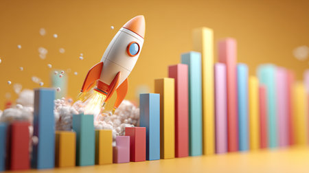 3D render of rocket launching above colorful bar charts, dynamic visualization of rapid economic and business growthの素材