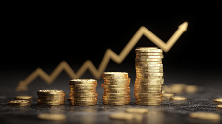 3D scene with coin stacks growing taller alongside an ascending arrow graph, symbol of prosperity and financial progressの素材