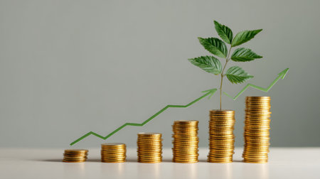 Business growth concept showing stacked golden coins, green sapling, and ascending graph line on a clean backgroundの素材