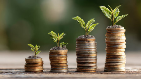 Business finance concept showing coin towers with green sprouts, representing sustainability and profitの素材