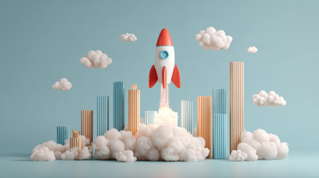 Creative 3D illustration of rocket lifting off over rising bar graphs, representing fast business growth and investment prosperityの素材
