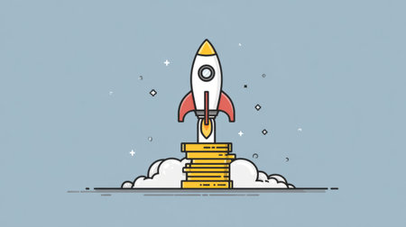 Flat design illustration of a rocket launching from a gold coin base, symbolizing high-growth investments and financial success, dynamic and inspiring styleの素材