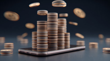 Conceptual 3D art showing smartphone producing stacks of coins, symbolizing digital profit, online business growthの素材