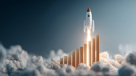 Dynamic 3D render of rocket flying above rising bar chart, illustrating fast financial growth, business expansion, and market successの素材