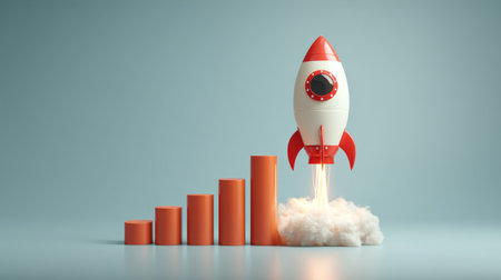 Creative 3D render of rocket taking off over a bar chart increasing in height, symbolizing profit growth and corporate successの素材