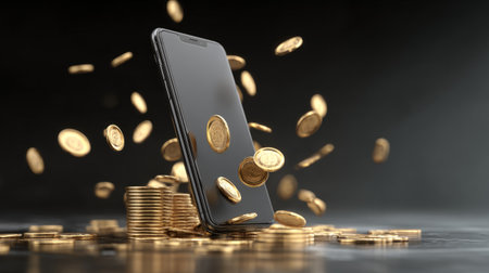 Elegant 3D render of smartphone with golden coins emerging upward, concept of e-commerce profit and investment successの素材