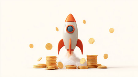 Flat, colorful rocket illustration taking off from coin foundation, creative financial success and growth conceptの素材
