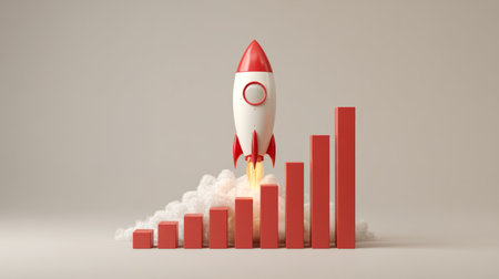 Creative 3D render of rocket taking off over a bar chart increasing in height, symbolizing profit growth and corporate successの素材