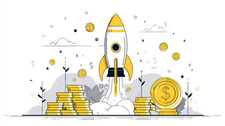 Dynamic flat style illustration of rocket powered by gold coin, financial growth and innovation concept on white backgroundの素材