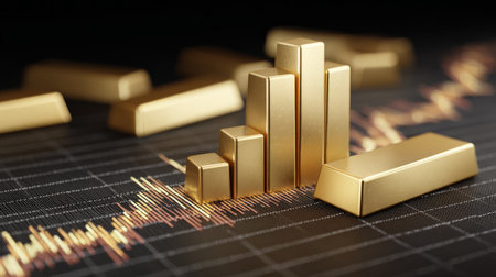 Golden bars with upward trending chart, 3D financial visualization representing investment growth and economic stabilityの素材