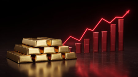 Golden bars beside rising red line chart, 3D illustration symbolizing wealth, economic growth, and profitable investmentの素材