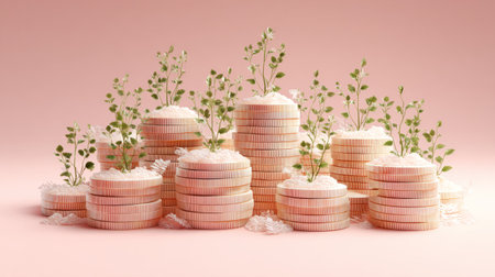 Fun and whimsical 3D render of coin piles with tiny green plants sprouting, pink pastel background, prosperity conceptの素材