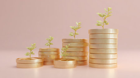 Fun 3D render showing gold coin towers with small green plants sprouting, pastel pink background, financial growth themeの素材