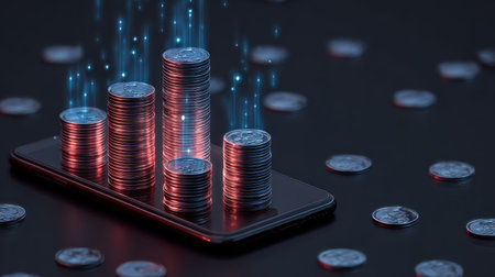 Futuristic digital wealth concept: smartphone generating rising coin stacks, online financial success illustrationの素材