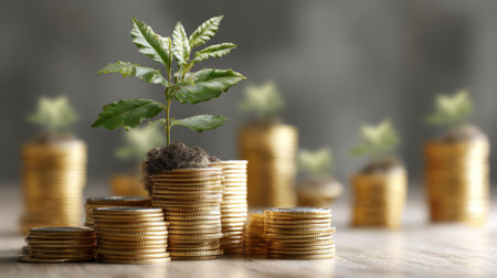 Concept of financial prosperity shown by green plant sprouting from gold coin piles, representing growth and successの素材