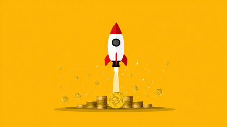 Inspiring flat graphic of rocket rising from golden coin, representing high-growth opportunities and financial expansionの素材