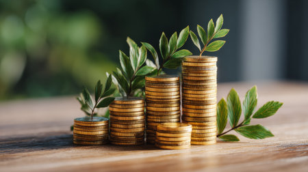 Golden coin towers topped with green leaves, visualizing sustainable economic success and business investmentの素材