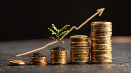 Increasing stacks of gold coins beside upward chart arrow and sprouting plant, financial sustainability conceptの素材